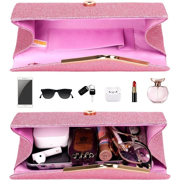 🆕Women's Pink Glitter Sequin Evening Clutch Purse w/Chain for Party Prom - Picture 6 of 7